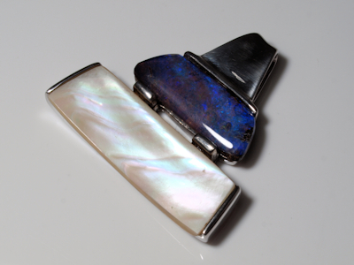 Unique silver opal jewelry combining iridescent mother of pearl and boulder opal